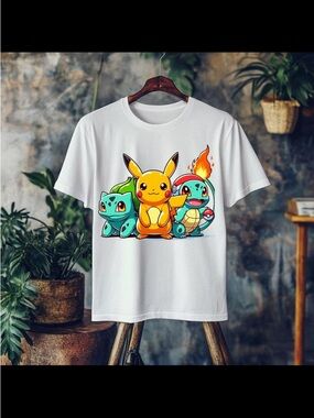 Gildan White Kids Tee with Colorful Pikachu-Style Trio Graphic